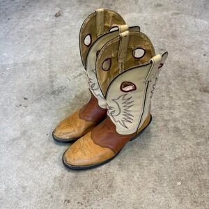 Vintage Tan Brown Leather Cowboy Boots White Uppers Western Rodeo